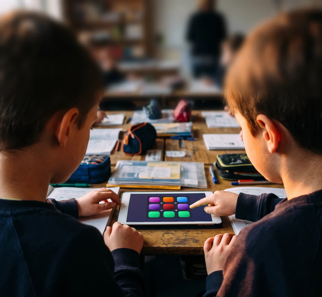 Két tanuló hátulról, közösen oldanak meg egy feladatot a padon fekvő tableten; a háttérben a tanár
